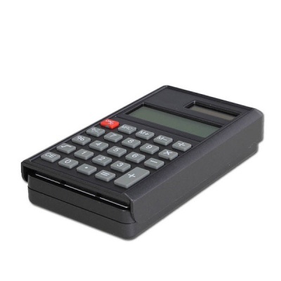 Calculadora eletrónica preta com visor digital e botões cinza e vermelho