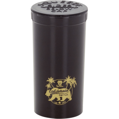 frasco preto cilíndrico com tampa e logótipo dourado California Safe Vault