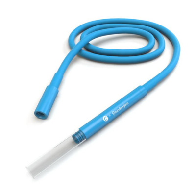 Tubo flexível azul com extremidade transparente e texto Cyberhookahs