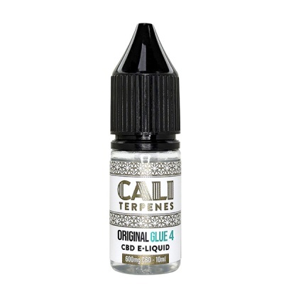 Frasco pequeno de líquido CBD E-LIQUID com rótulo branco e tampa preta.