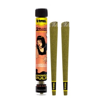 Tubo plástico com dois cones blunt com embalagem ilustrada e texto informativo sobre terpenos e sabor de manga
