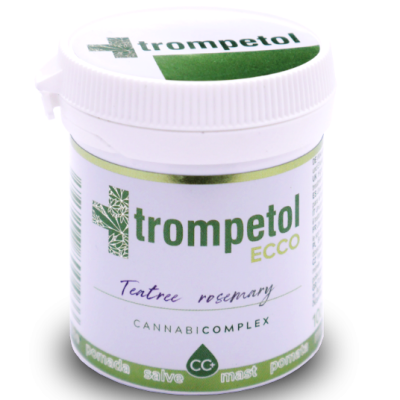 Frasco branco com pomada Trompetol ECCO com texto verde e lilás
