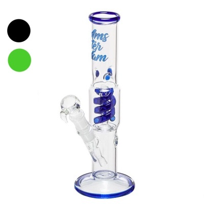 Bong em vidro transparente com detalhes azuis e inscrição Amsterdam