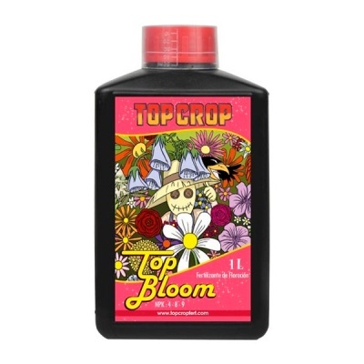 Frasco preto de 1 litro com tampo vermelho e rótulo colorido de fertilizante Top Bloom