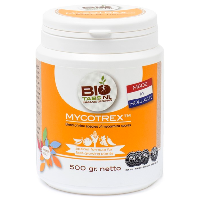 Frasco branco e laranja com rótulo Bio Tabs NL MYCOTREX, 500 gr, Made in Holland.