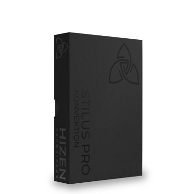 Embalagem preta retangular com texto STILUS PRO KONVEKTION e HIZEN VAPORIZERS e símbolo gráfico triádico