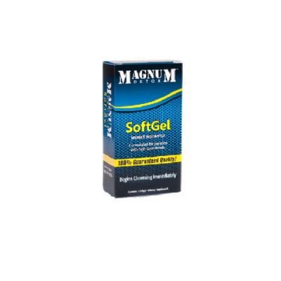 Embalagem azul e preta de suplemento SoftGel MAGNUM DETOX com texto em amarelo e branco