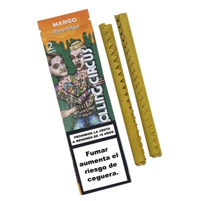 Pacote de Rolling Circus Hemp Wraps sabor manga com dois blunt wraps amarelos e avisos de saúde em castelhano.
