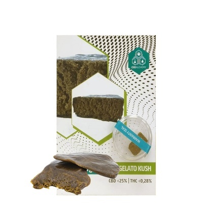 Resina CBD Gelato Kush em embalagem branca com texto e selo azul