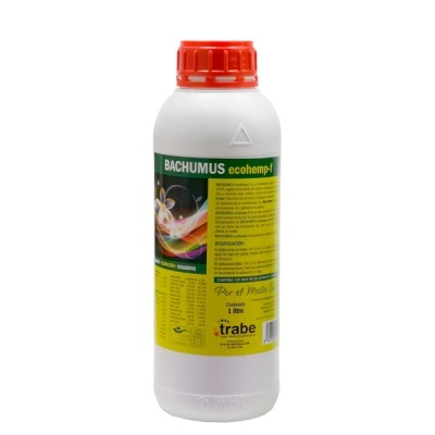 Frasco branco com tampa vermelha e rótulo verde e amarelo de fertilizante líquido Bachumus ecohemp-f da trabe