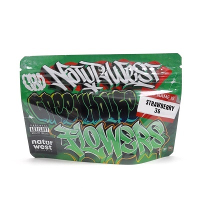 Embalagem colorida de produto NATURWEST Strawberry 3g com design graffiti