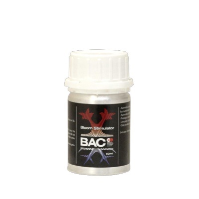Frasco de plástico branco com rótulo preto e texto BAC Bloom Stimulator