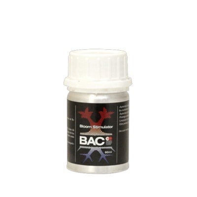Frasco branco de 60ml com rótulo preto e texto BAC Bloom Stimulator
