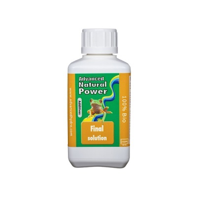 Frasco branco com etiqueta verde e laranja, texto em inglês e imagem de rã