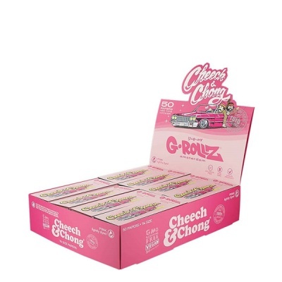 Embalagem rosa de papel de enrolar G-Rollz Cheech & Chong com design de carro e caixa com várias unidades