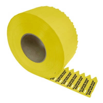 Rolo de etiquetas amarelas com texto preto TU GROW SHOP 696 969 696