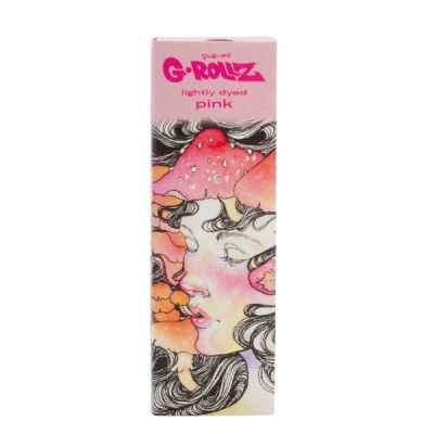 Embalagem de produto G-ROLLZ rosa com ilustração de rosto feminino e cabelo preto