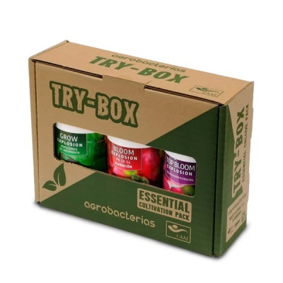 Caixa TRY-BOX de cartão reciclado com três frascos para cultivo agrobacterias