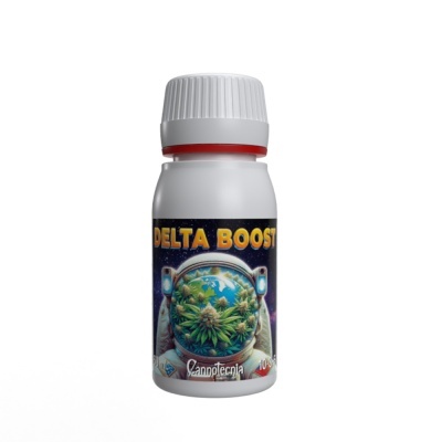 Frasco branco com rótulo DELTA BOOST e imagem de astronauta refletindo plantas
