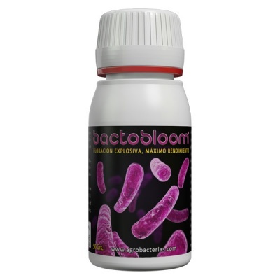 Frasco branco de bactobloom com rótulo preto e texto rosa e amarelo