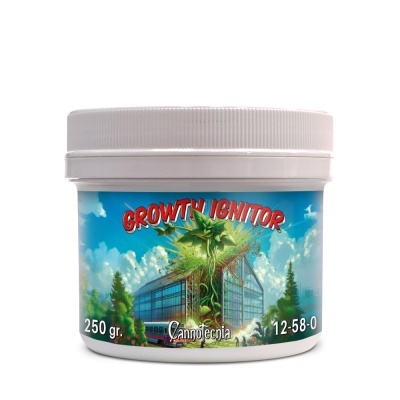 Frasco branco com rótulo azul GROWTH IGNITOR e imagem de plantas e estufa