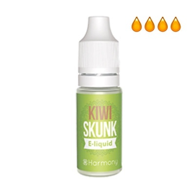 Frasco pequeno de líquido para vaporizador com rótulo verde e texto KIWI SKUNK.