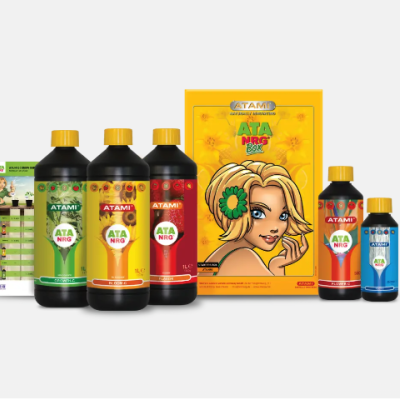 Kit de produtos líquidos ATAMI ATA NRG com garrafas coloridas e caixa amarela ilustrada