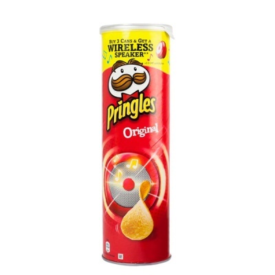 Lata vermelha de Pringles Original com texto promocional e imagem do mascote