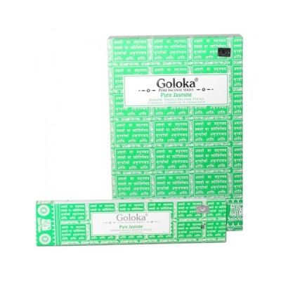 Caixa e pacote de incenso Goloka Pure Jasmine em padrão verde e branco