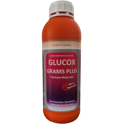 Frasco laranja com tampa branca e rótulo cinza púrpura com texto GLUCOX GRAMS PLUS.