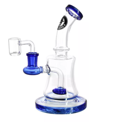 Cachimbo de vidro transparente com detalhes azuis e etiqueta preta