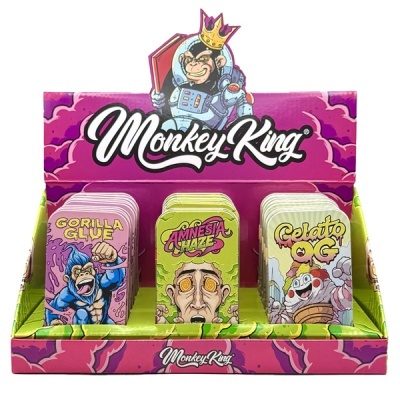 Caixa de exposição rosa Monkey King com três tipos de embalagens coloridas Gorilla Glue, Amnesia Haze e Gelato OG