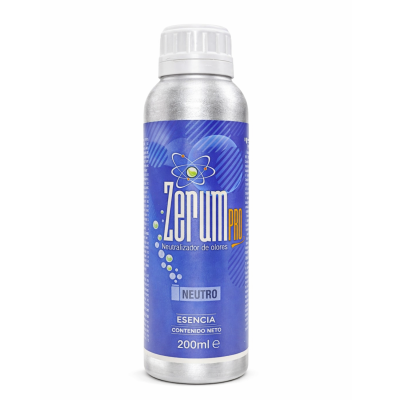 Frasco prateado com rótulo azul do produto ZERUM PRO neutralizador de odores