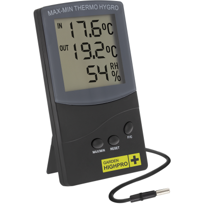 Termómetro digital preto com ecrã LCD que mostra temperaturas e humidade
