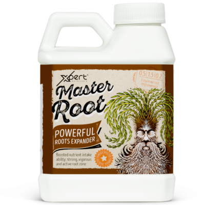 Recipiente plástico branco com rótulo de suplemento para raízes de plantas Master Root