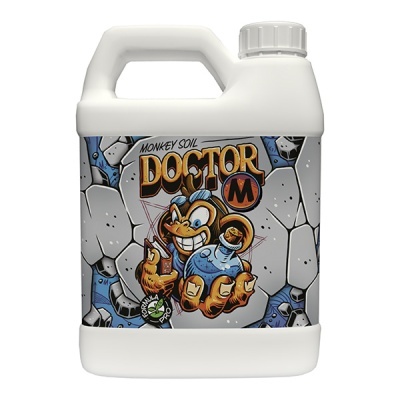 Frasco branco com etiqueta colorida de macaco e texto Monkey Soil Doctor M