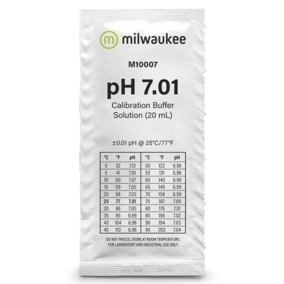 Pacote branco solução tampão pH 7.01 Milwaukee com tabela de temperatura e pH