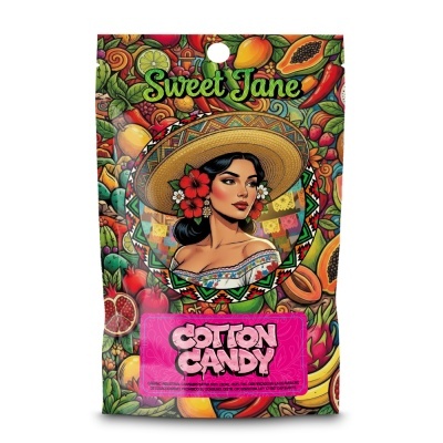 Pacote colorido com mulher e texto Cotton Candy