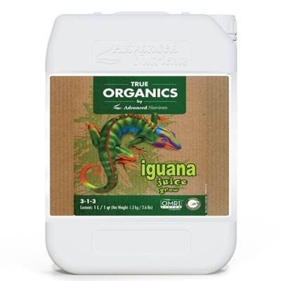 Recipiente branco de plástico com rótulo de iguana juice grow