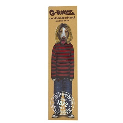 Embalagem G-ROLLZ unbleached extra thin com personagem cão vestido e texto promocional.