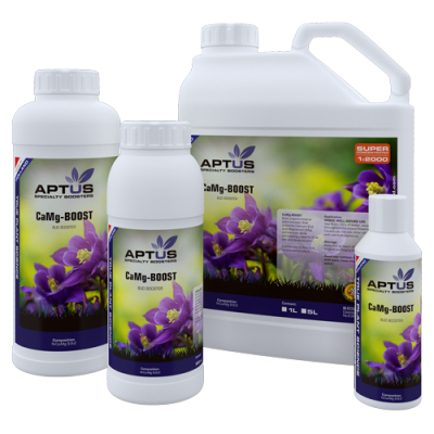 Frascos do produto Aptus CaMg-BOOST com rótulos roxos e verdes
