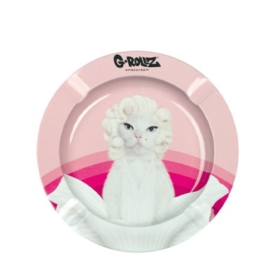 Cinzeiro redondo rosa com gato branco e texto G-ROLLZ amsterdam