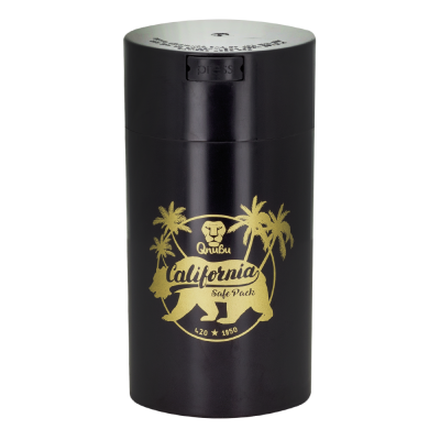 Envase cilíndrico preto com desenho dourado de urso, palmeiras e texto California