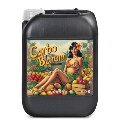 Recipiente preto de plástico com etiqueta colorida e texto Carbo Bloom