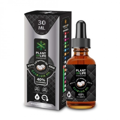 Frasco âmbar de óleo de cannabis Plant of Life com conta-gotas e embalagem preta.