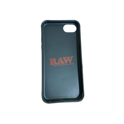 Capa para smartphone preta com texto RAW castanho e frase THE NATURAL WAY TO ROLL