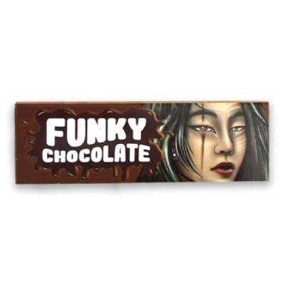 Barra de chocolate Funky Chocolate com embalagem castanha e ilustração de mulher