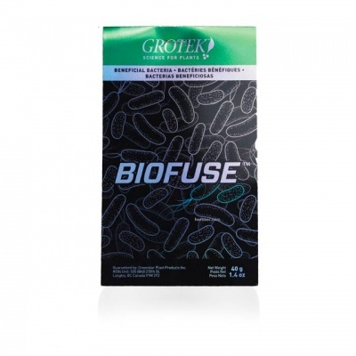 Embalagem preta e verde do produto BIOFUSE da marca GROTEK com texto em inglês e peso líquido indicado.