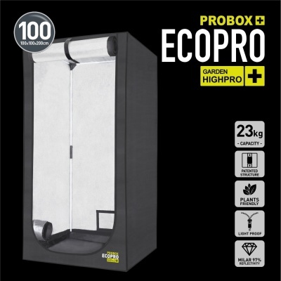 Tenda de cultivo PROBOX ECOPRO preta e branca com texto GARDEN HIGHPRO e ícones de capacidade e características.