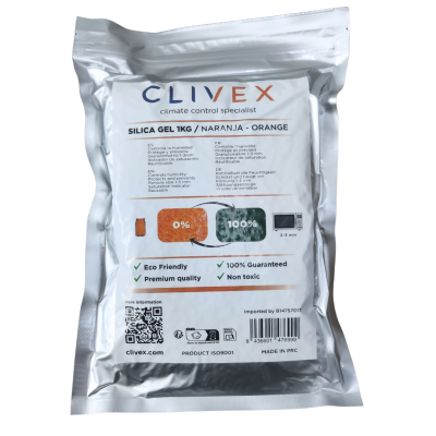 Pacote de gel de sílica CLIVEX laranja 1KG com embalagem prateada e etiqueta branca